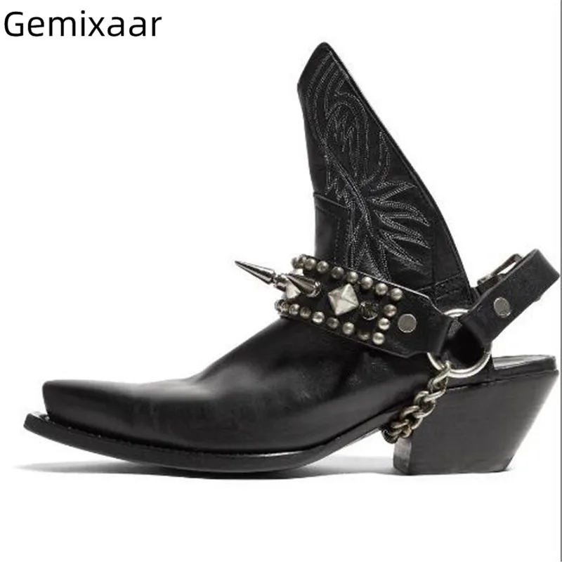 2019 Autumn Pumk Studded Sewing Ankle Botas Pointed Toe Open Back Ankle Buckle Riding Botas Retro Black Cow Leather Shoes Woman
2019 Autumn Pumk Studded Sewing Ankle Botas Pointed Toe Open Back Ankle Buckle Riding Botas Retro Black Cow Leather Shoes Woman