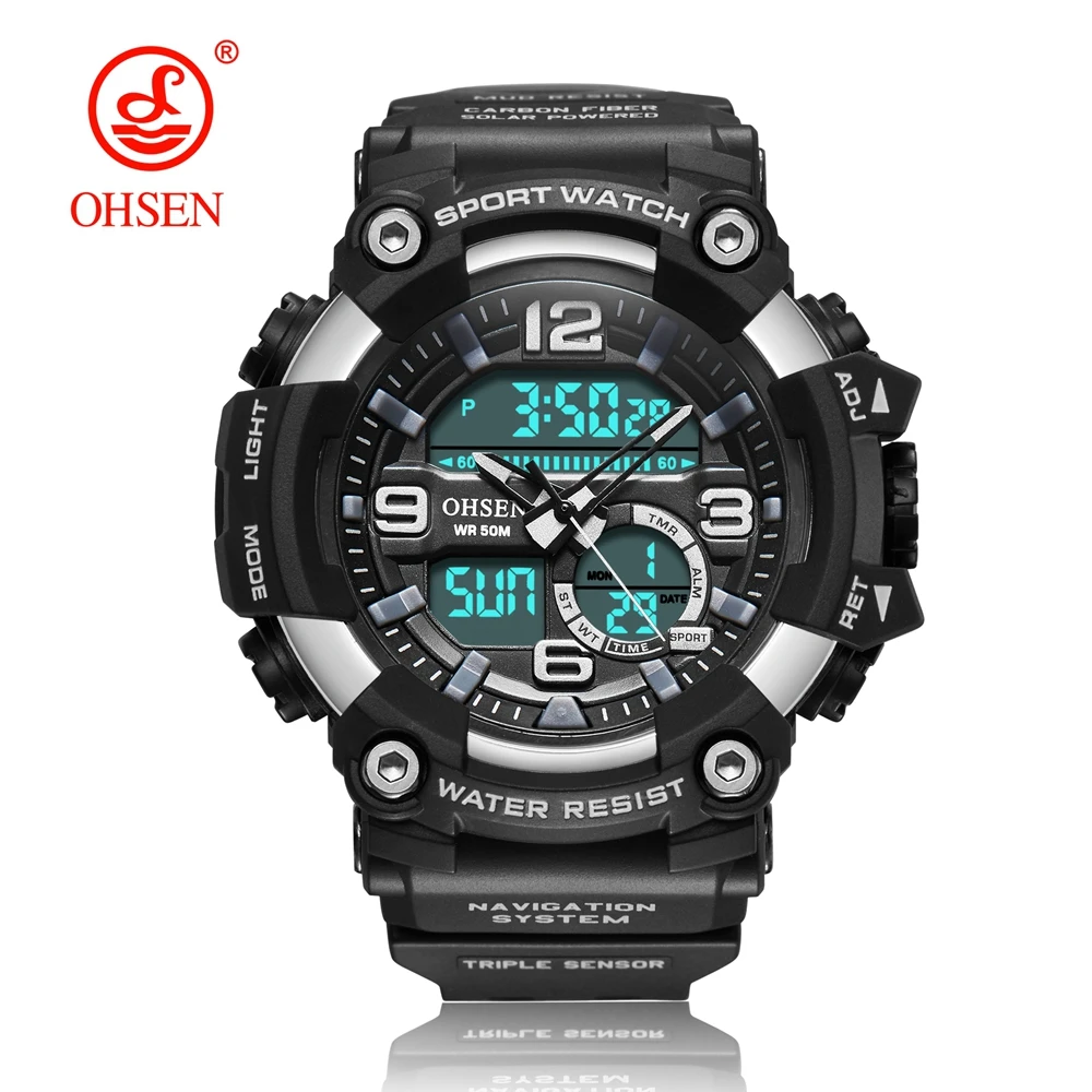 Фото 2019 OHSEN Digital Quartz Men Outdoor Sport Wristwatch Dual Time Big Dial Rubber Strap White Military Male Watches reloj hombre | Наручные