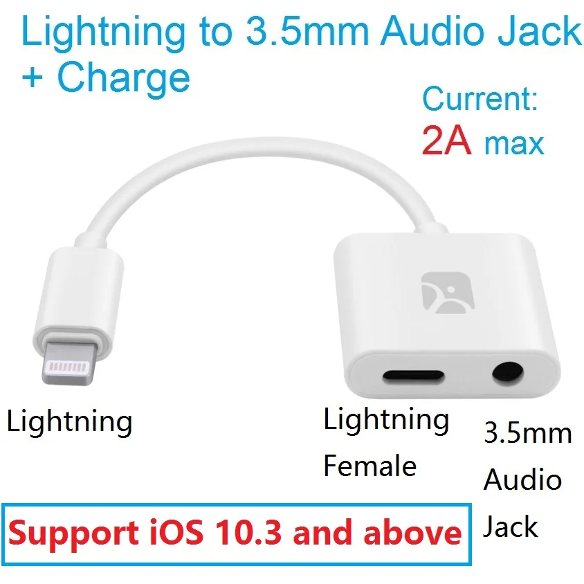 

Lightning Audio Charge Adapter for iPhone X/8 Plus, iPad, iPod, Earphone Adapter 2 in 1, 12cm/5inch, Support iOS 10.3 and above