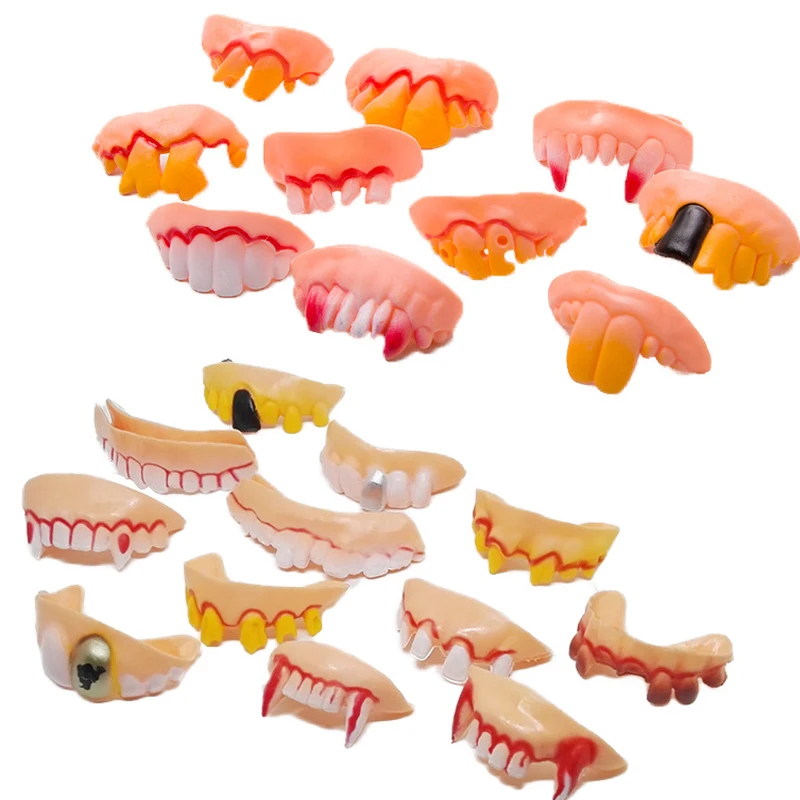 

10pcs/lot Prank Startle Tooth Halloween Scary Crooked Monster Teeth Novelty Toy Children Adult Horror Teeth Practical Jokes Toy