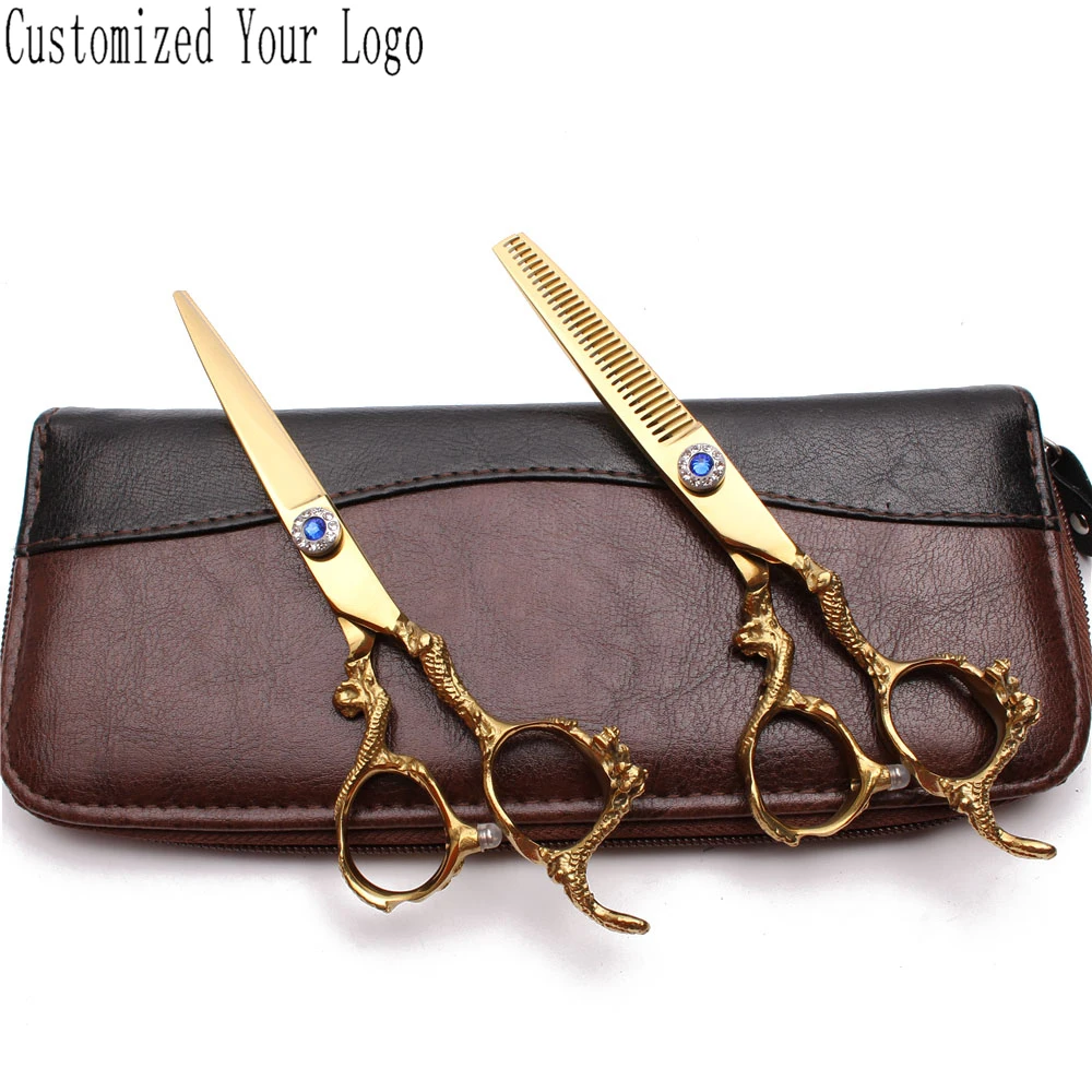 2Pcs 6.0" 440C Customize Logo Hairdressing Scissors Straight Shears Thinning Shears Professional Hair Scissors Add Bag DIY C9003
2Pcs 6.0" 440C Customize Logo Hairdressing Scissors Straight Shears Thinning Shears Professional Hair Scissors Add Bag DIY C9003