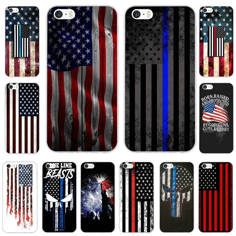 Thin Blue Line USA Flag Police Skull Soft Clear TPU Silicone Mobile Phone Cases for iPhone X 8 8Plus 6 6s 7 Plus SE 5 5S 5C 4 4S | Мобильные
