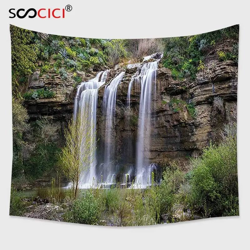 

Cutom Tapestry Wall Hanging,Nature Photo of Waterfall Forest Jungle Corleone Sicily Rocks Trees Grass Landscape Brown Green