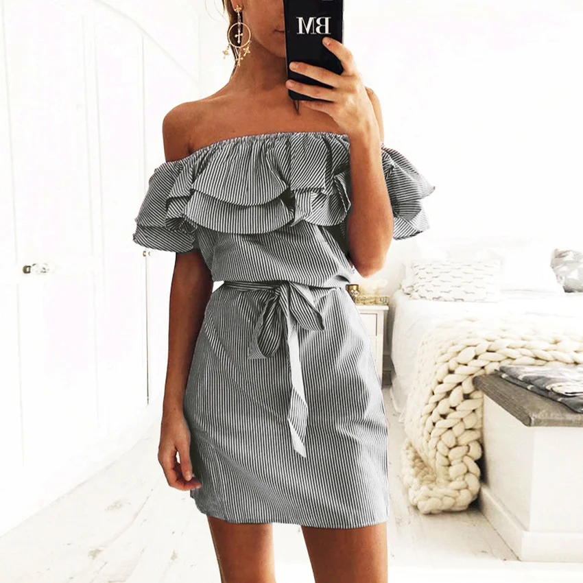 Solid Striped Mini Sexy Dresses Women Fashion Slash Neck Sleevelee Slim Party Dress Elegant Ruffle Summer Dress Ladies Plus Size
Solid Striped Mini Sexy Dresses Women Fashion Slash Neck Sleevelee Slim Party Dress Elegant Ruffle Summer Dress Ladies Plus Size
