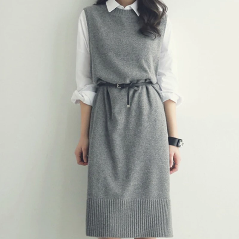 2019 Sleeveless Women Knee-Length Dress Korean Style Cute Knitted Gray Dress O-neck Autumn Casual Women Clothing With Sashes
2019 Sleeveless Women Knee-Length Dress Korean Style Cute Knitted Gray Dress O-neck Autumn Casual Women Clothing With Sashes