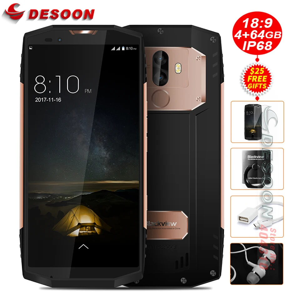 

Blackview BV9000 5.7"18:9 FHD+Face ID smartphone Android 7.1 4GB+64GB IP68 Waterproof P25 2.6GHz 13MP Dual Cam NFC Mobile phone