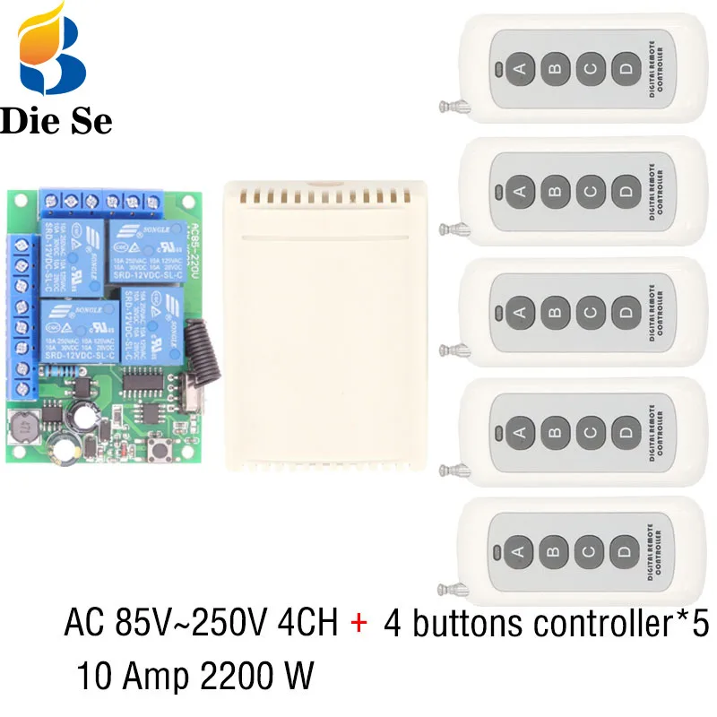 433MHz Universal Remote Control 110V 220V 250V 2200W 4CH Relay Receiver Module 4 Button Remote Control Garage door light Switch
433MHz Universal Remote Control 110V 220V 250V 2200W 4CH Relay Receiver Module 4 Button Remote Control Garage door light Switch