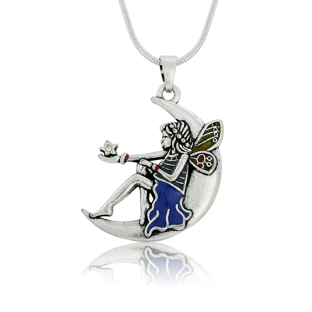 

my shape Vintage Style Elegant Tinkerbell Blue Enamel Angel Girl With Wings Pendant Sitting on Moon Pendant Necklace Fairy Tale