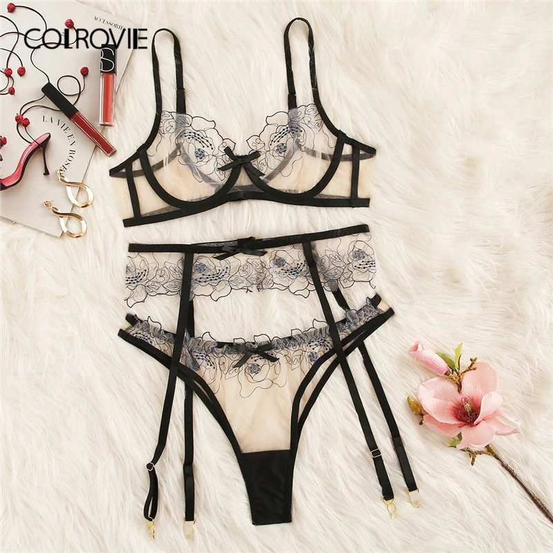 

COLROVIE Floral Lace Sheer Garter Sexy Lingerie Set Women Intimates 2019 Underwire See Through Bra And Thongs Underwear Sets