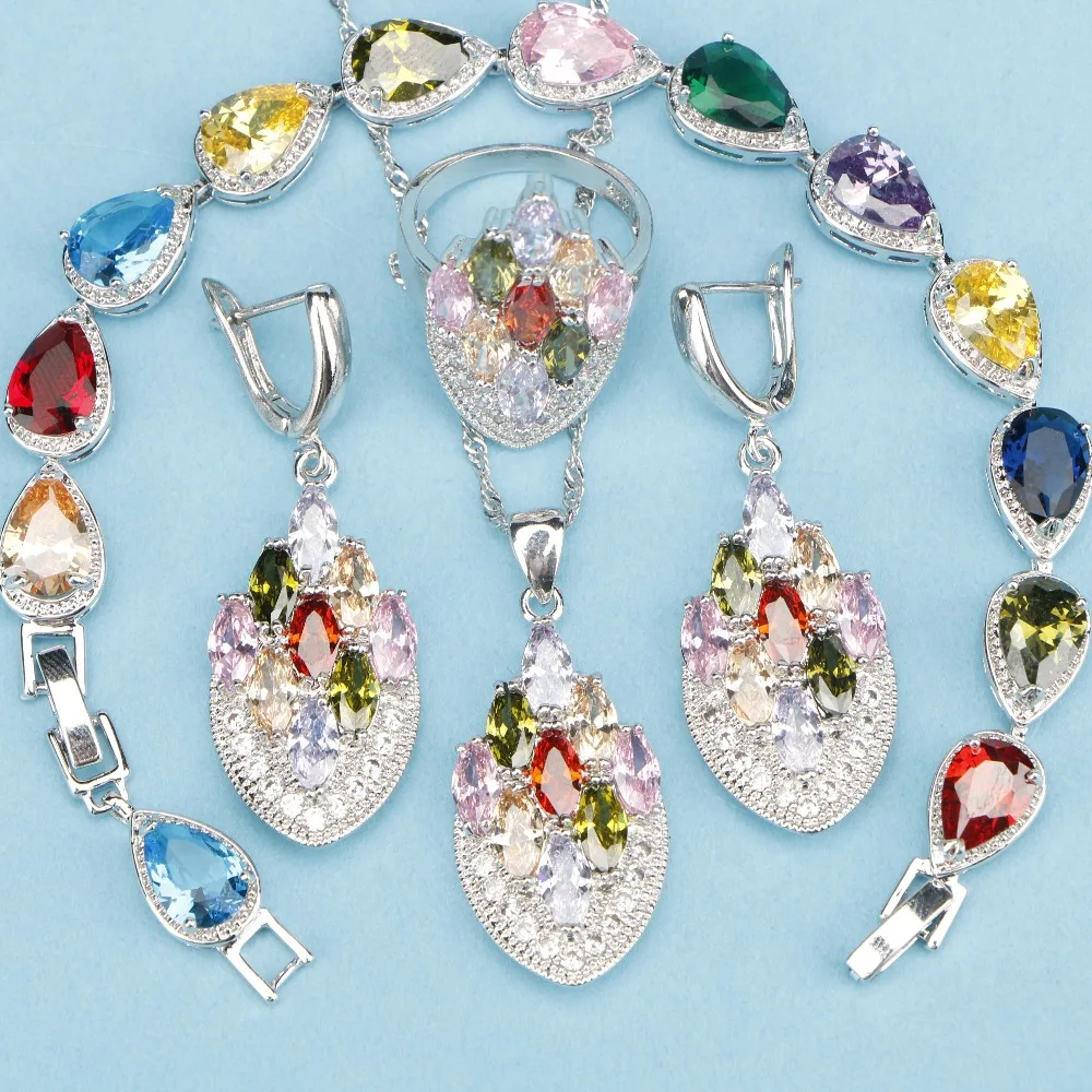 4PCS 925 Sterling Silver Jewelry Set Charms For Women Colorful Multicolor Stones Earrings Ring Necklace Pendant Bracelet
4PCS 925 Sterling Silver Jewelry Set Charms For Women Colorful Multicolor Stones Earrings Ring Necklace Pendant Bracelet