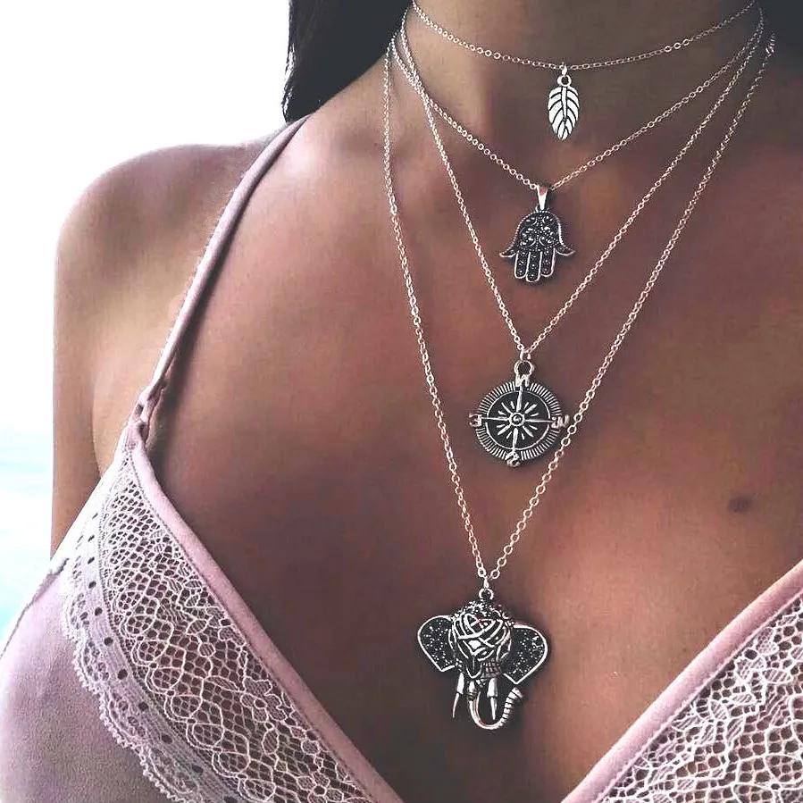 New Bohemia Leaf Elephant Compass Pendant Necklaces For Women Vintage Sliver Simple Elegance Multilayer Charm Choker Jewelry
New Bohemia Leaf Elephant Compass Pendant Necklaces For Women Vintage Sliver Simple Elegance Multilayer Charm Choker Jewelry