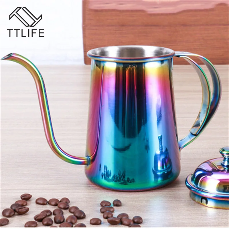 Image TTLIFE 650ML Stainless Steel Gooseneck Spout Kettle Drip Coffee Kettle Colorful Coffee Pot Long Mouth Coffee Pot Teapot