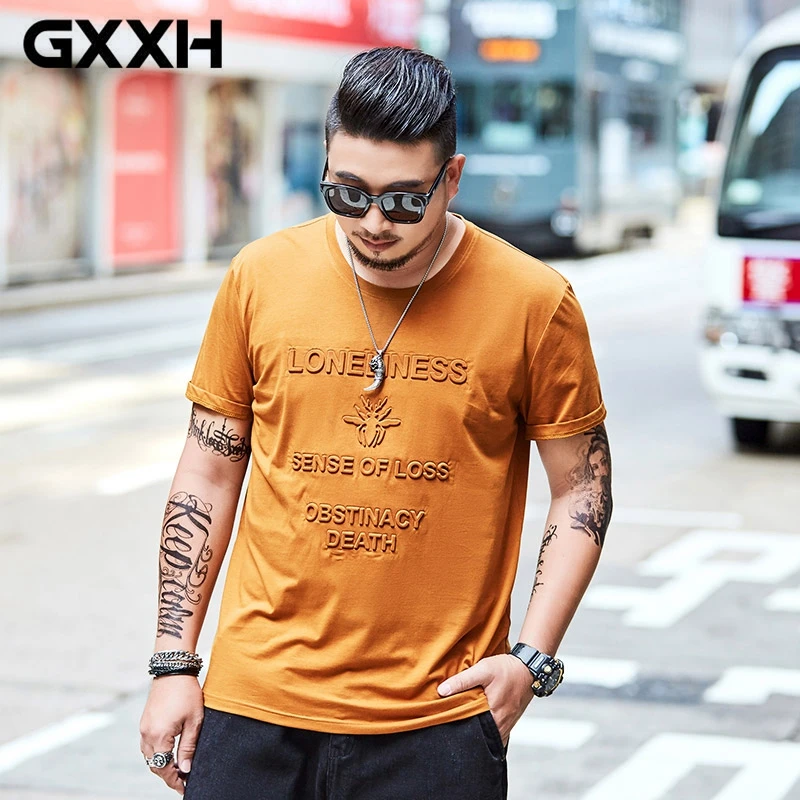 

GXXH Brand Men's Short Sleeve Tshirt Summer Fat Guy Loose Round Collar Pure Color Embossing T-shirts Black Khaki Blue Man Tee