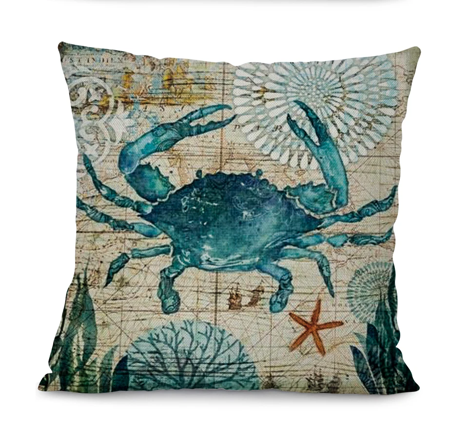 Miracille Sea Turtle Printed Cotton Linen Cushion Cover Marine Ocean Sea Horse Home Decor Pillowcase Octopus Sofa Cushion Case 17