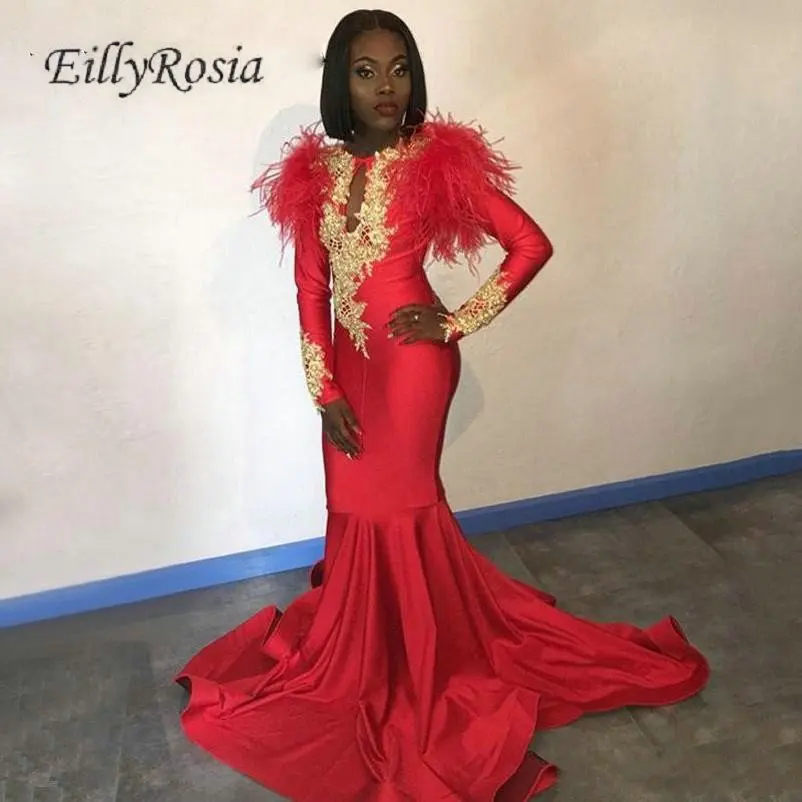 Long Sleeve Red Evening Dress Formal Gold Appliques Key-hole Neckline Black Girl Mermaid Evening Gowns for Women Feather Robe
Long Sleeve Red Evening Dress Formal Gold Appliques Key-hole Neckline Black Girl Mermaid Evening Gowns for Women Feather Robe