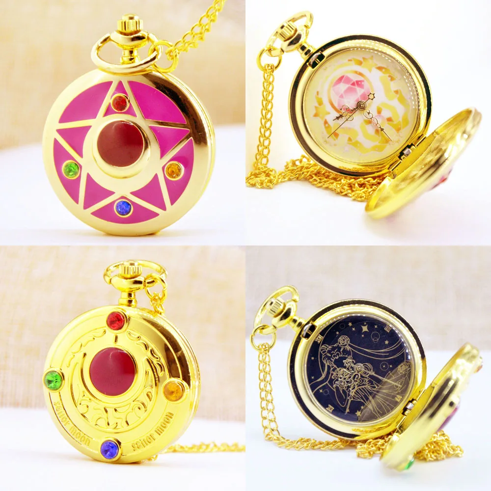 

Luxury Golden Fashion Sailor Moon Anime Cartoons Quartz Pocket Watch Analog Pendant Necklace Girl Womens Watches Gift Montre