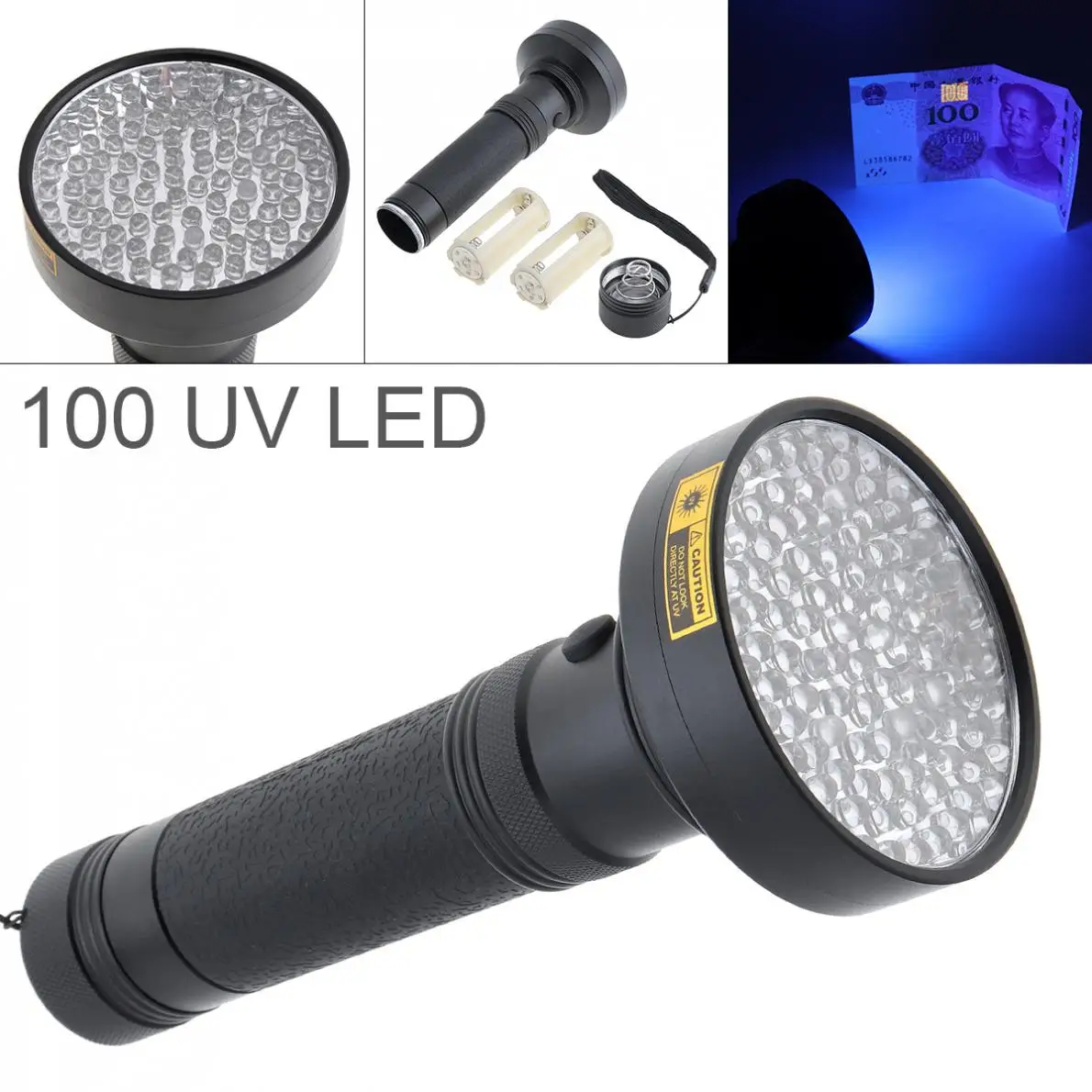 395nm Aluminum Alloy UV 100 LED Violet Multi-function Flashlight Support 6 x AA Batteries for Fluorescent Agent Detection
395nm Aluminum Alloy UV 100 LED Violet Multi-function Flashlight Support 6 x AA Batteries for Fluorescent Agent Detection