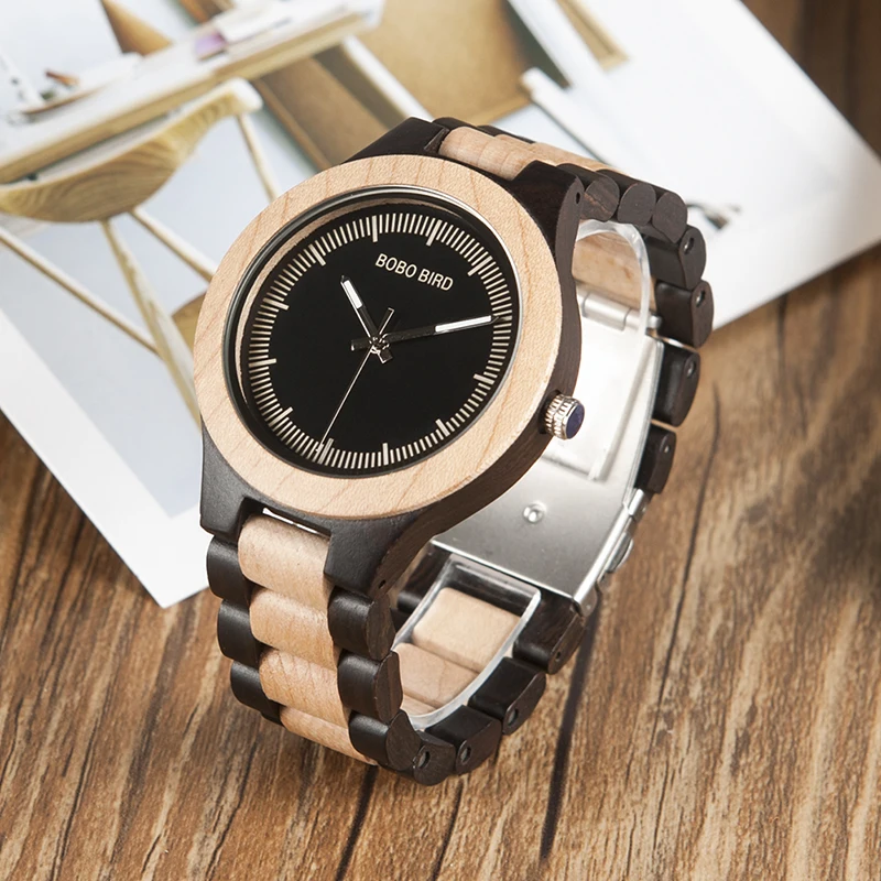 BOBO BIRD WO01O02 Wood Watch Ebony RedWood Pine Wooden Watches for Men Two-tone Wood Quartz Watch with Tool for Adjusting Size 13