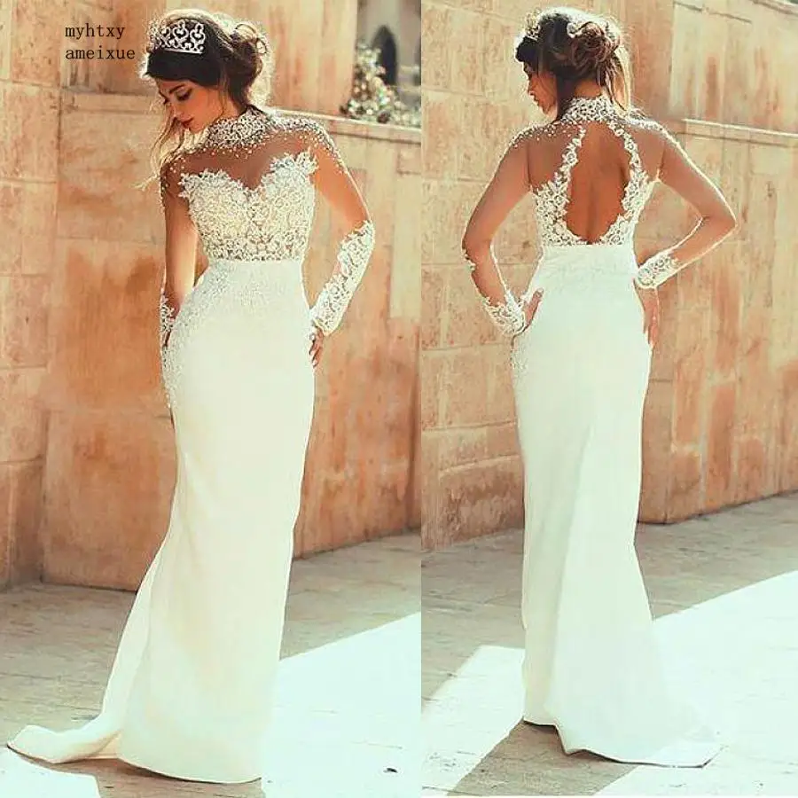 Illusion High Neckline See-through Sheath Wedding Dresses 2023 Pearls Beaded Lace Appliques Long Sleeves Bridal Dress Plus Size
Illusion High Neckline See-through Sheath Wedding Dresses 2023 Pearls Beaded Lace Appliques Long Sleeves Bridal Dress Plus Size