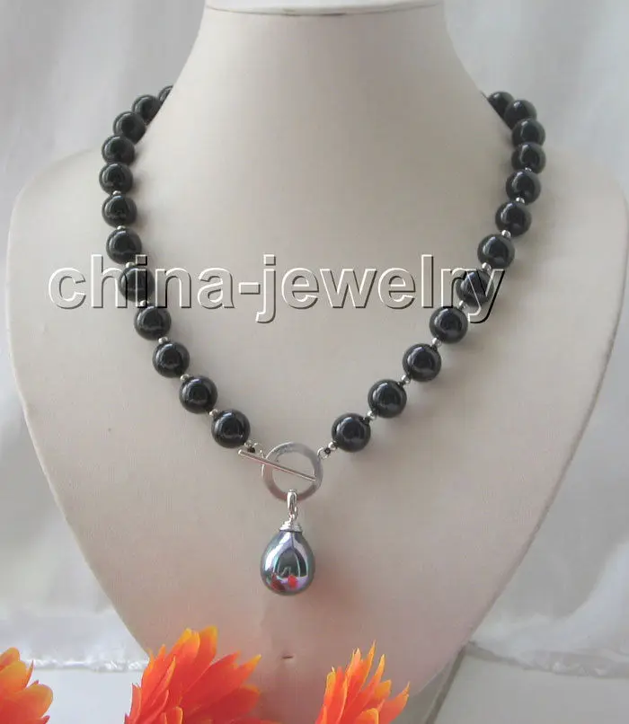 

FREE SHIPPING HOT sell new Style 18" 12mm black onyx necklace & 20mm sea shell pearl pendant