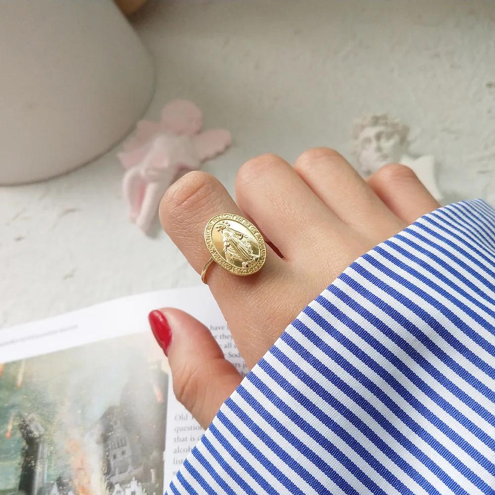 Gold Color Minimalist 925 Sterling Sliver Rings for Women Personalized Abstract Mary Portrait Coin Open Rings Engagement Bijoux (6)