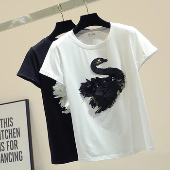 Black Short Sleeve T-shirts for Women New Summer Fashion Diamond Embroidery Swan Cotton Tops Loose Casual Students Tshirts
Black Short Sleeve T-shirts for Women New Summer Fashion Diamond Embroidery Swan Cotton Tops Loose Casual Students Tshirts