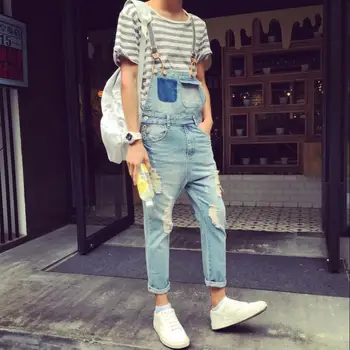 

Summer men's denim bib pant tide small feet jeans nine points hole conjoined suspenders thin section men pant trousers !