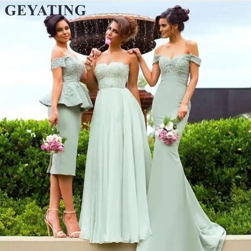 Mixed Style Mint Green Bridesmaid Dresses 2019 Elegant Off