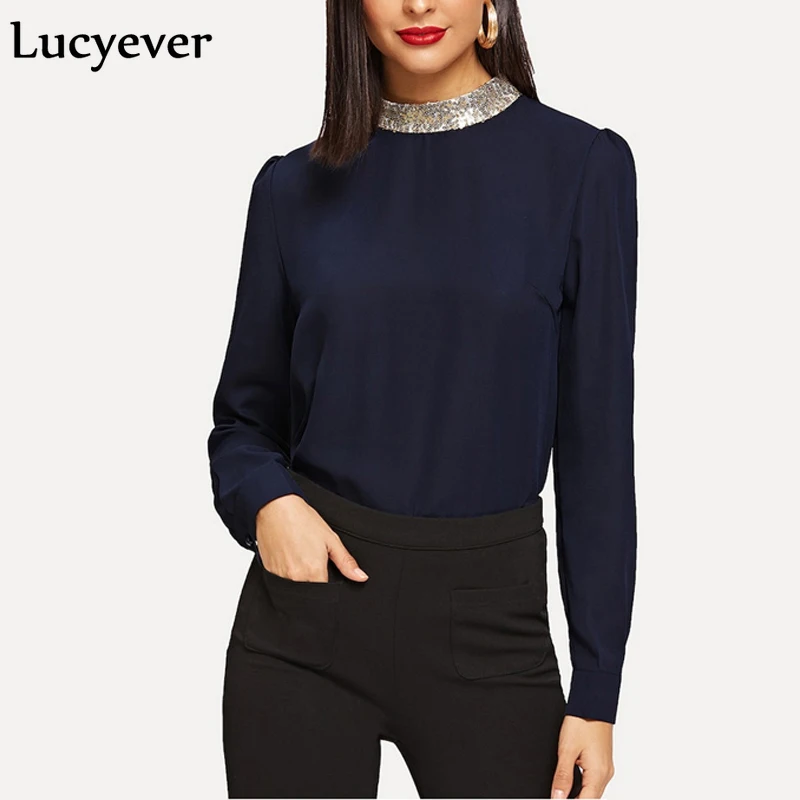 Lucyever spring summer women tops and blouses sequined stand collar shirts long sleeves casual slim blusas mujer solid clothes
Lucyever spring summer women tops and blouses sequined stand collar shirts long sleeves casual slim blusas mujer solid clothes