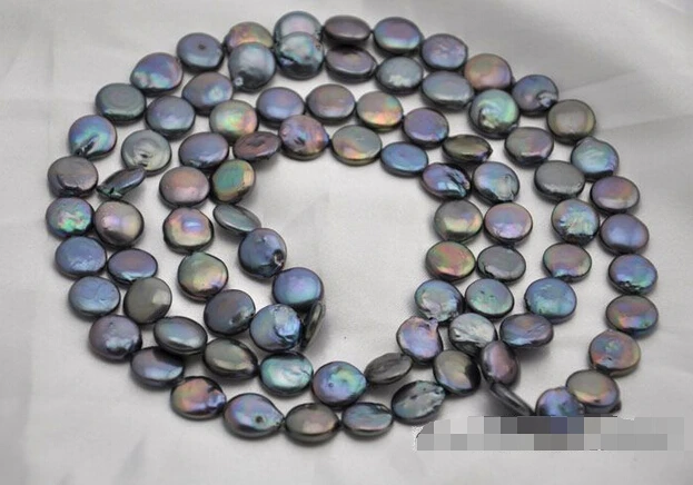 fast50"14mm coin black freshwater pearl necklace NEW