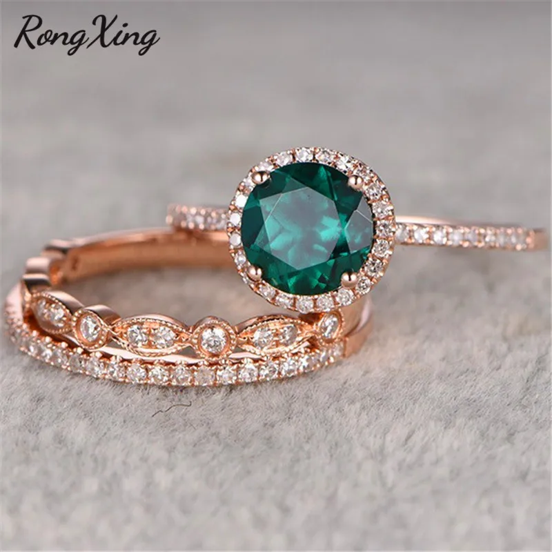 

RongXing May Birthstone Round Stone Green Rings Sets Rose Gold Filled Three Layers Bridal Zircon Fashion Sets Lover Jewelry Gift