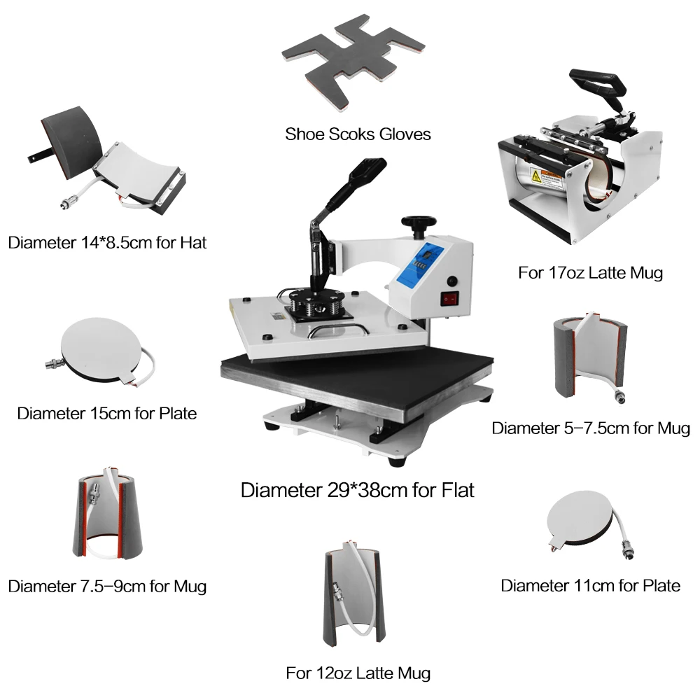 9 in 1 Combo Heat Transfer Machine T-shirt Heat Press Machine for cap/mug/plate/phone case/shoes/sock/glove printing
9 in 1 Combo Heat Transfer Machine T-shirt Heat Press Machine for cap/mug/plate/phone case/shoes/sock/glove printing