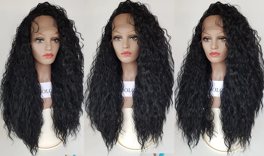 Hot! Top Quality Fiber Loose Curly Wigs Synthetic Lace Front Wigs 180% Density Black Color Heat Resistant Synthetic Hair Wigs6