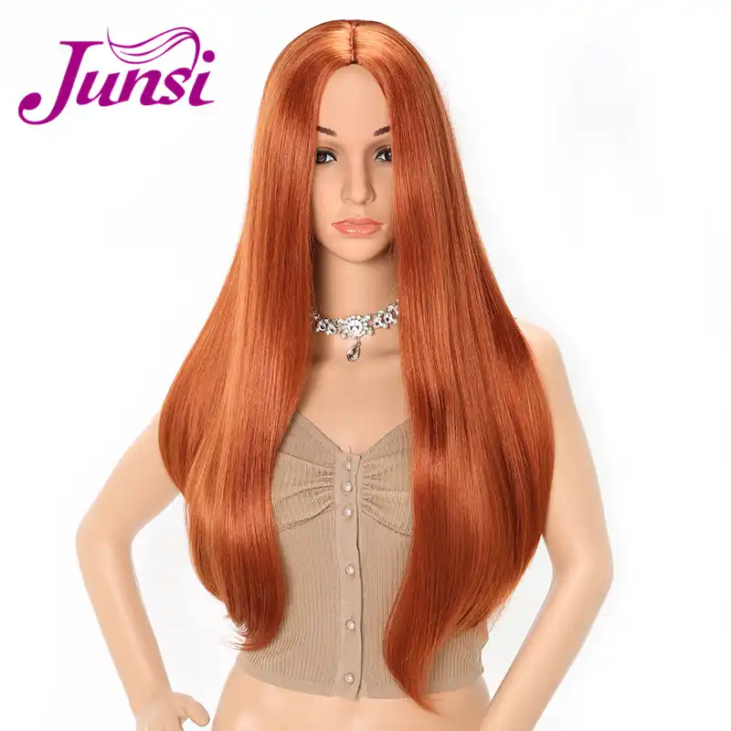 Junsi Hair Long Synthetic Straight Wigs Orange Color Natural