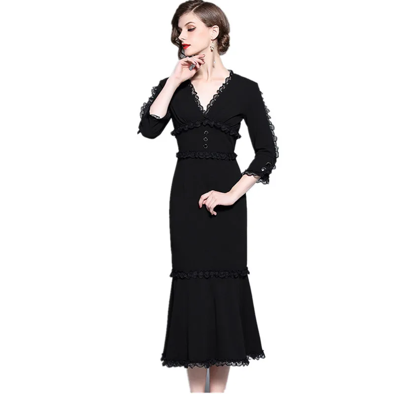 HAMALIEL High Quality Bodycon Mermaid Party Women Dress Autumn Black Patchwork Lace Sheath Dress Office Lady Ruffles Midi Dress
HAMALIEL High Quality Bodycon Mermaid Party Women Dress Autumn Black Patchwork Lace Sheath Dress Office Lady Ruffles Midi Dress