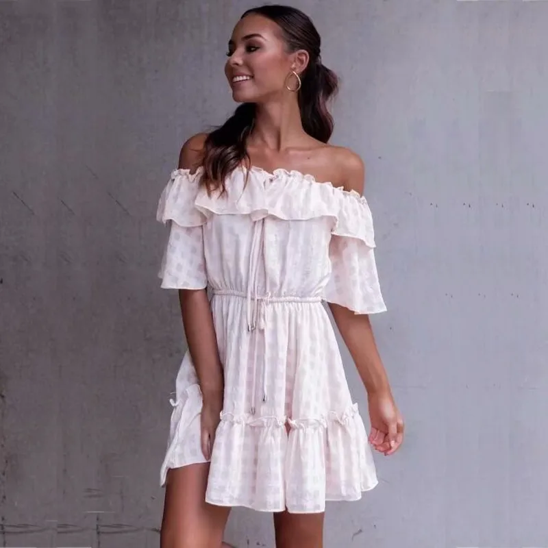 yinlinhe Off Shoulder Summer Dress Short Sleeve Lace Up Sexy Plaid Women Dress Backless Slim Waist Elegant Ruffles Vestidos 5