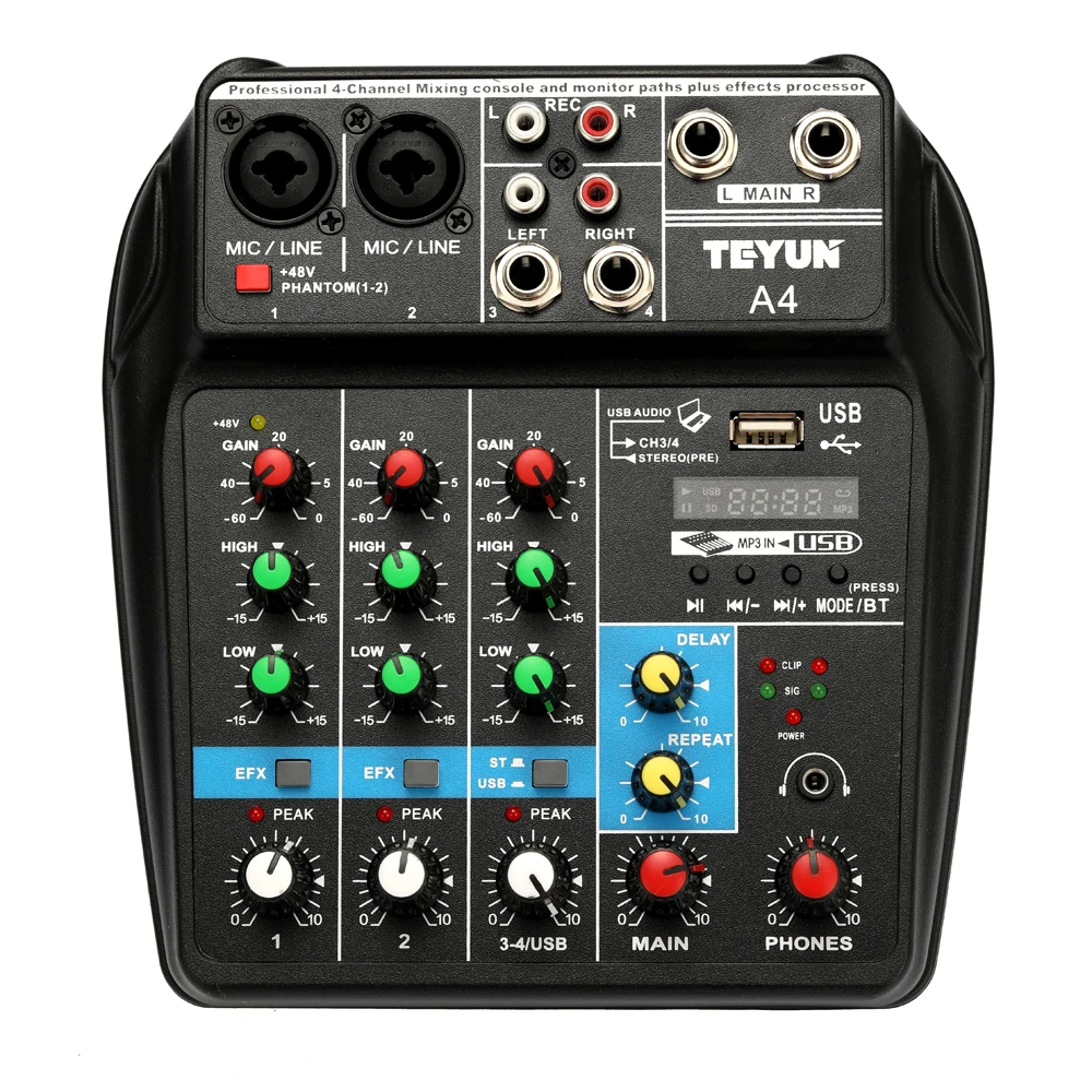 

TU04 BT Sound Mixing Console Record 48V Phantom Power Monitor AUX Paths Plus Effects 4 Channels Audio Mixer with USB