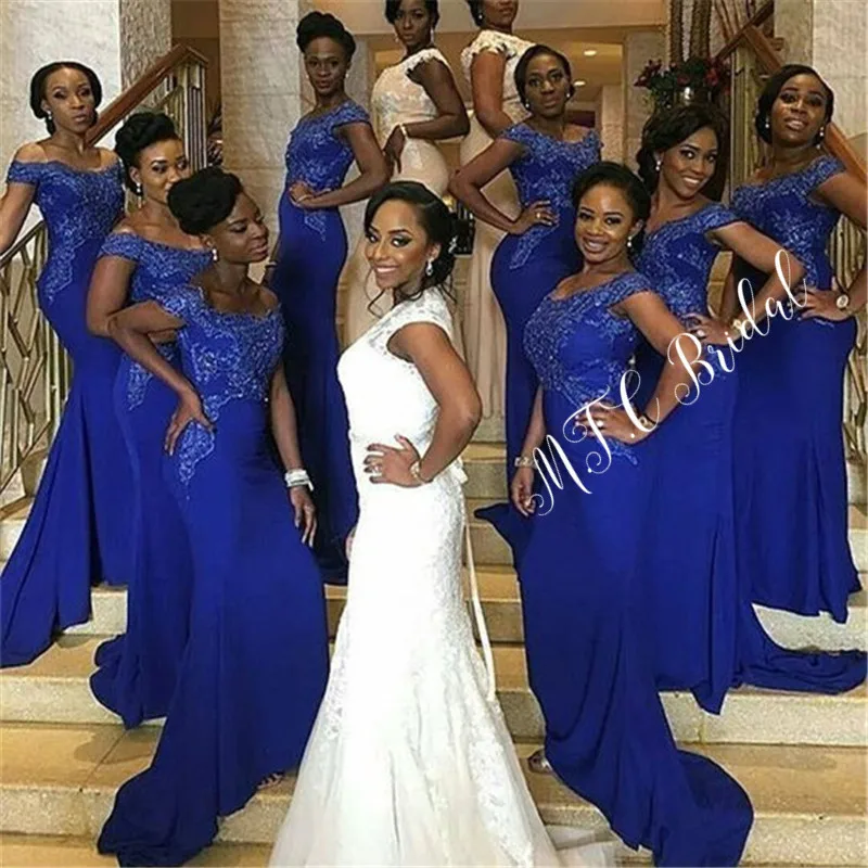 Royal Blue Mermaid African Bridesmaid Dresses Wholesale 2019 Off The Shoulder Appliques Elastic Satin Long Maid Of Honor Dress
Royal Blue Mermaid African Bridesmaid Dresses Wholesale 2019 Off The Shoulder Appliques Elastic Satin Long Maid Of Honor Dress