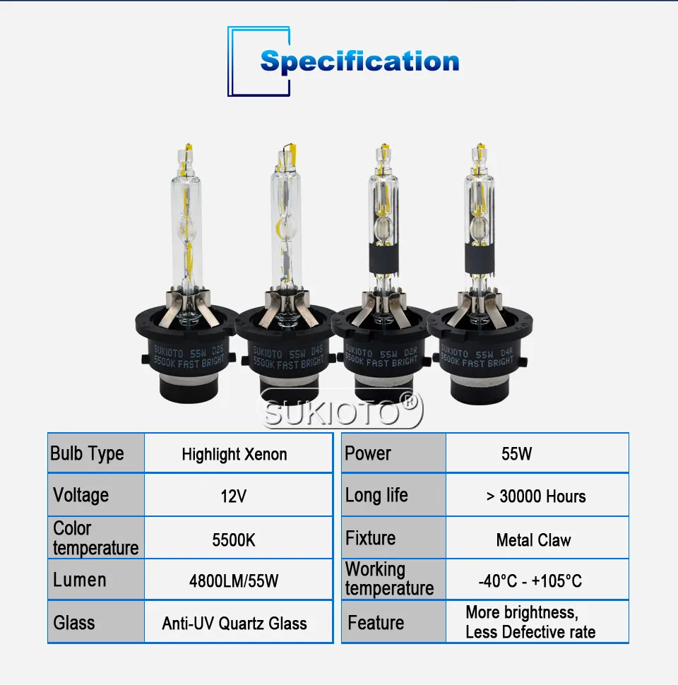 SUKIOTO 2PCS Fast Bright 55W D4S D2S Xenon HID Bulb D2R D4R 5500K Car headlamp for D2 D4 ballast D5DV00829000 1307329087 LAD5GL (9)