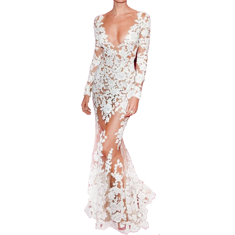 Autumn Runway Dresses Women High Quality Mermaid Long Sleeve Plunge Celebrity White Lace Dres Full-Length See Through Dress
Autumn Runway Dresses Women High Quality Mermaid Long Sleeve Plunge Celebrity White Lace Dres Full-Length See Through Dress