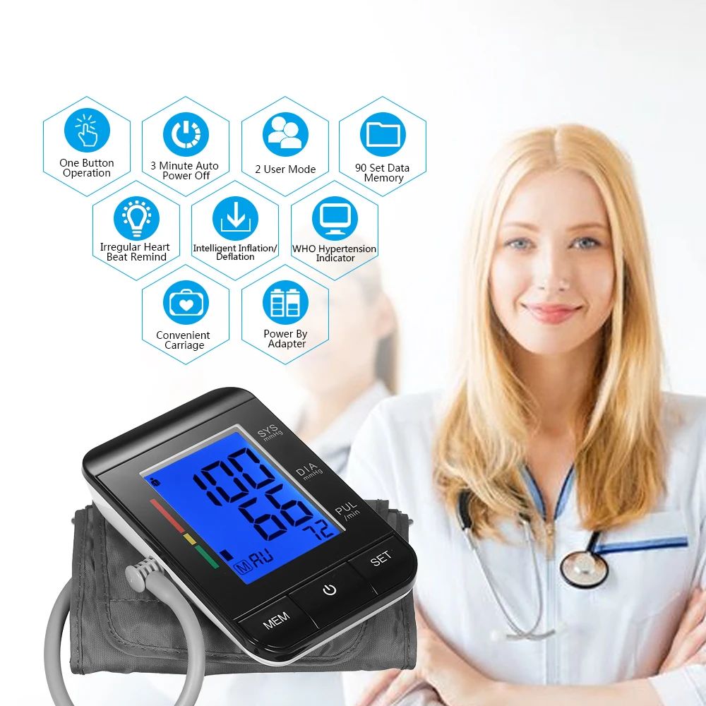 LCD Upper Arm Blood Pressure Monitor CE FDA ROHS Approved with Cuff Digital Pulse Rate/2 User Mode/90 Data Memory/IHB Indicator
LCD Upper Arm Blood Pressure Monitor CE FDA ROHS Approved with Cuff Digital Pulse Rate/2 User Mode/90 Data Memory/IHB Indicator
