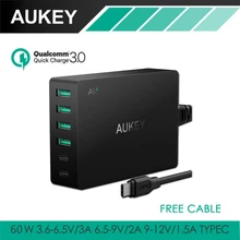 AUKEY Type-C 6-Port USB Charger with Quick Charge 3.0 & USB-C Cable 60W Quick Travel Wall Charger Type C Output for Smart Phones