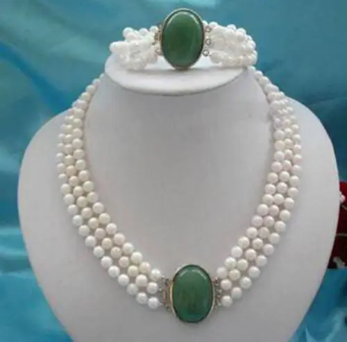 Free Shipping >>>>>3Rows 7-8mm White Pearl+jade clasp necklace bracelet
