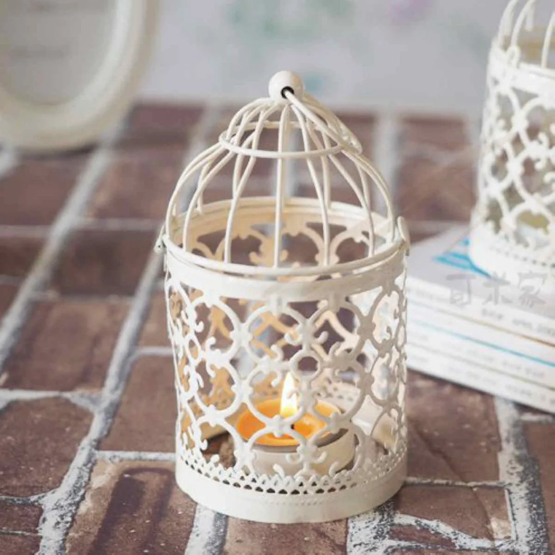 1pc Metal Hollow Candle Holder Tealight Candlestick Hanging Lantern Bird Cage White