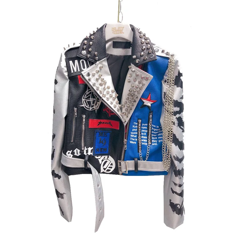 2019 Spring And Autumn Women Bomber Jacket long-Sleeved Fashion Printed Rivets Lapel Leather Wild Jacket Ladies High-QualityCoat
2019 Spring And Autumn Women Bomber Jacket long-Sleeved Fashion Printed Rivets Lapel Leather Wild Jacket Ladies High-QualityCoat