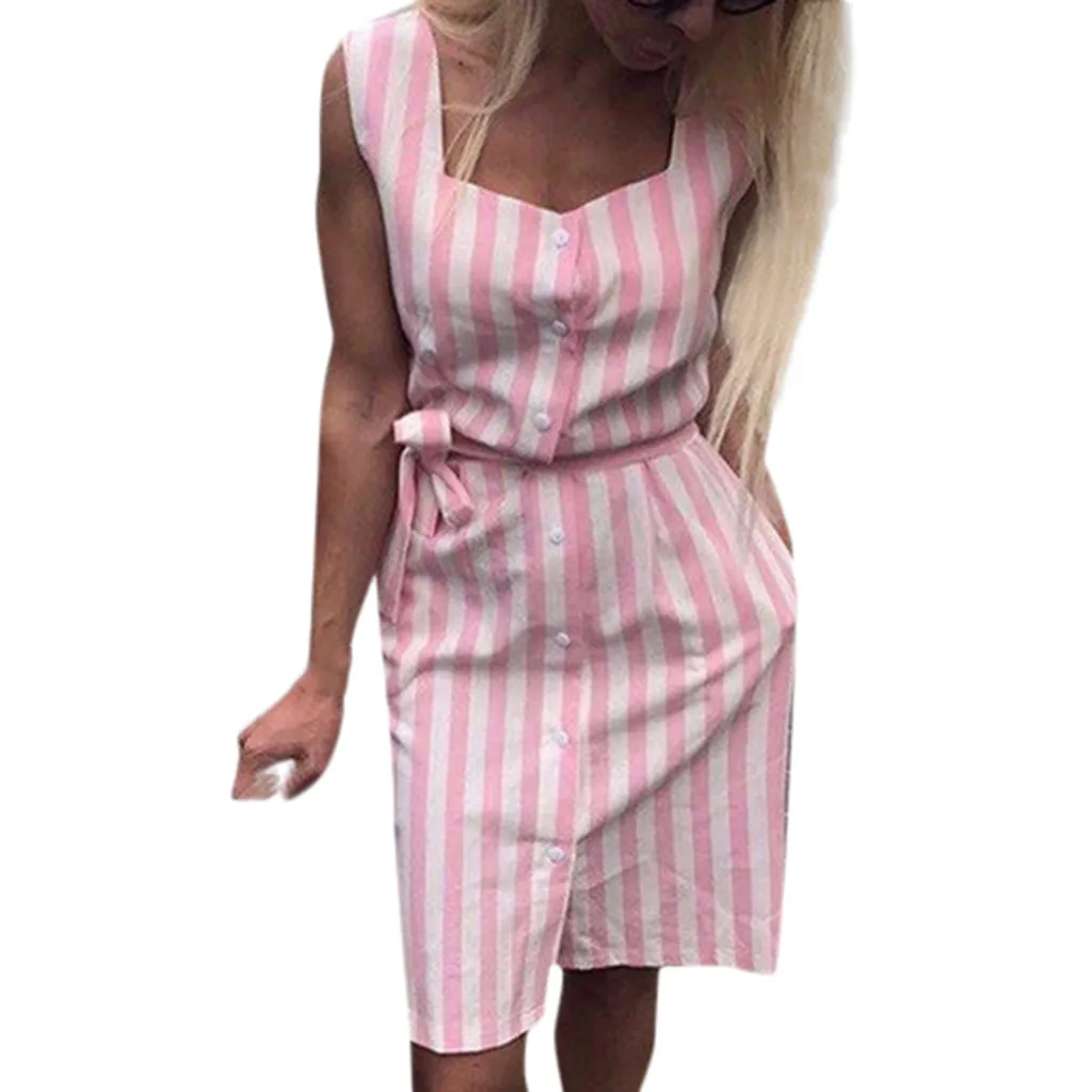 Summer Sleeveless Striped Print Slim Casual With Buttons Dress Women Fashion Holiday Beachwear Mini Dress
Summer Sleeveless Striped Print Slim Casual With Buttons Dress Women Fashion Holiday Beachwear Mini Dress