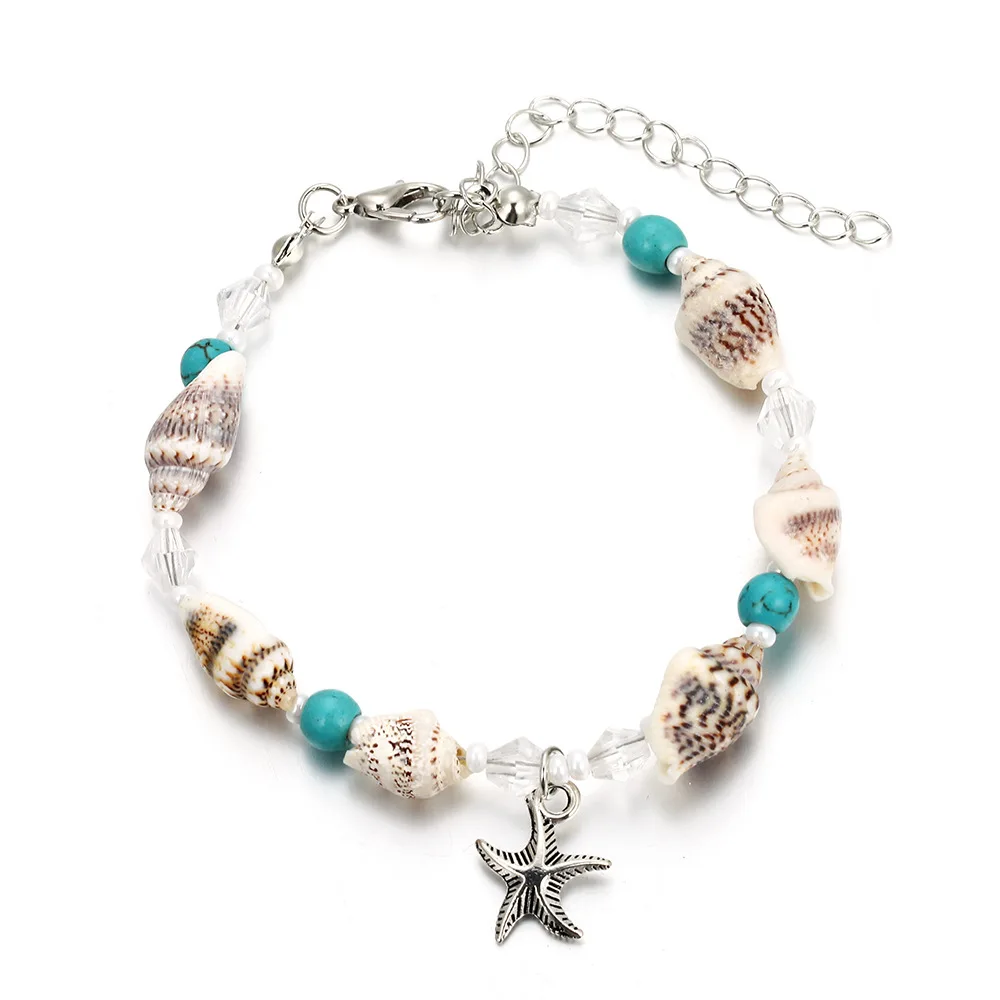 

G.YCX Bohemian Retro Silver Starfish Anklet Beaded Handmade Natural Conch Anklet Bracelet on Leg Beach Ocean Jewelry for Women