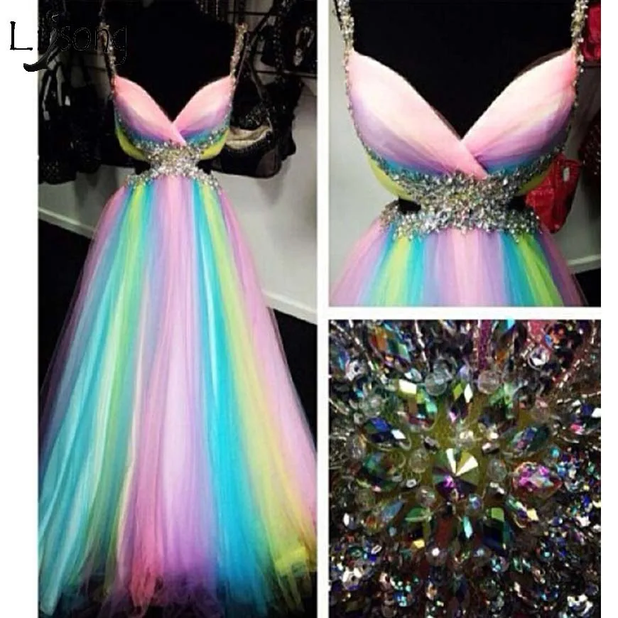 Colorful Rainbow Tulle Evening Gowns 2019 Sparkle Crystal A-line Formal Party Dresses Sexy Prom Gowns
Colorful Rainbow Tulle Evening Gowns 2019 Sparkle Crystal A-line Formal Party Dresses Sexy Prom Gowns