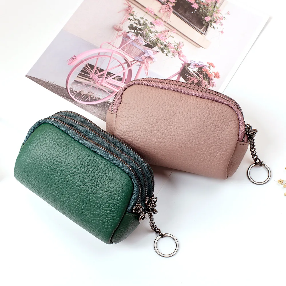 Women Genuine Leather Slim Wallet Small Purse Zip Coin Bag Change Lady Key Ring