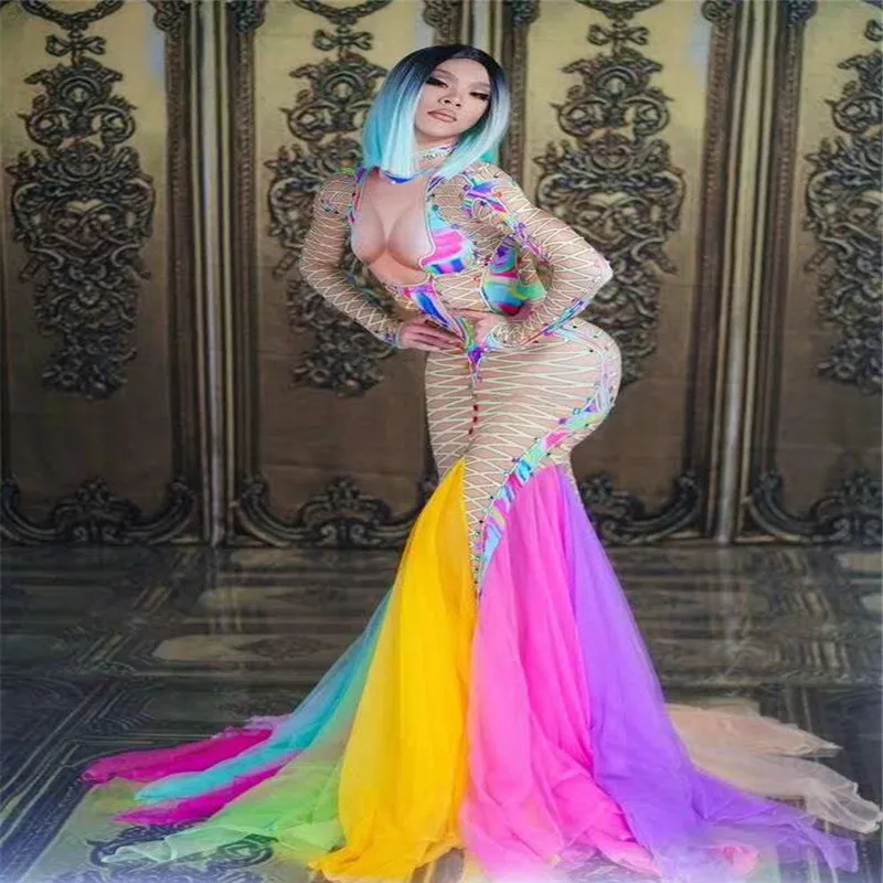X18 Ballroom dance singer evening dress model perform Trailing dress colorful printed skirt party wears outfits Rhinestone cloth
X18 Ballroom dance singer evening dress model perform Trailing dress colorful printed skirt party wears outfits Rhinestone cloth